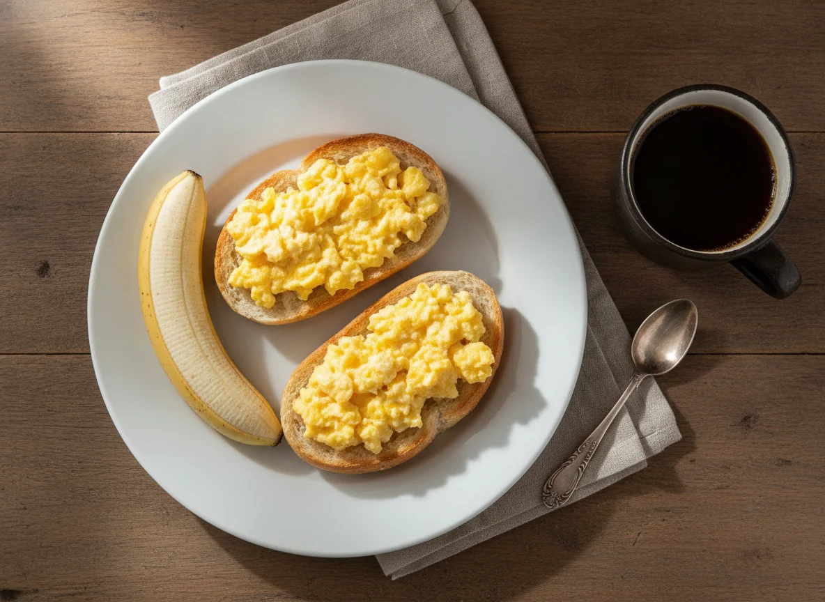 Café da manhã brasileiro com pão com ovo e queijo, banana e café photo