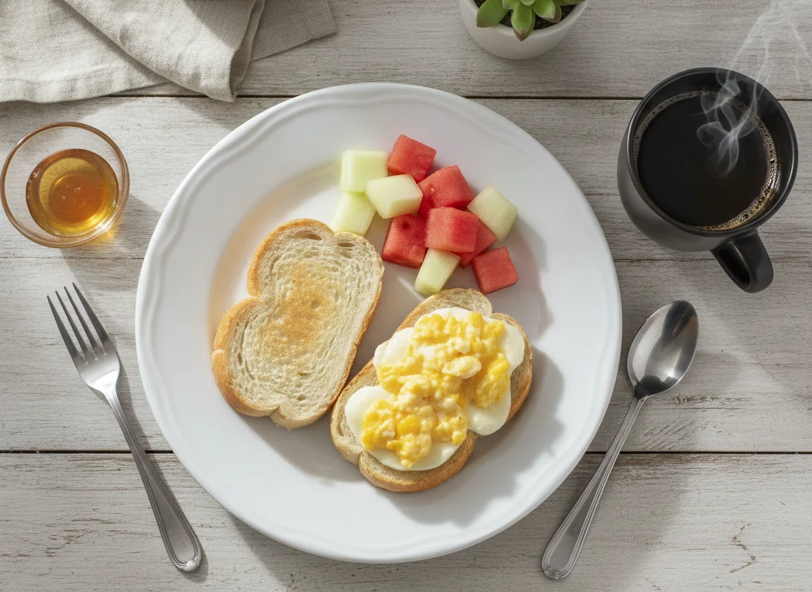 Café da manhã brasileiro com pão com ovo e queijo, frutas e café photo