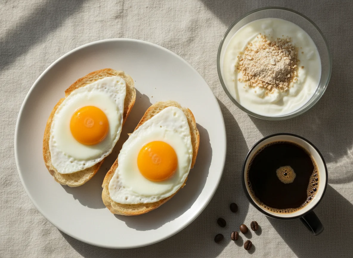 Café da manhã brasileiro com pão com ovo, iogurte com aveia e café photo