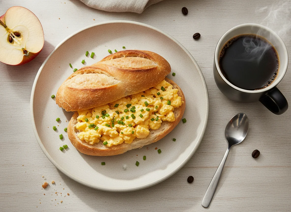 Café da manhã brasileiro com pão com ovo, maçã e café photo