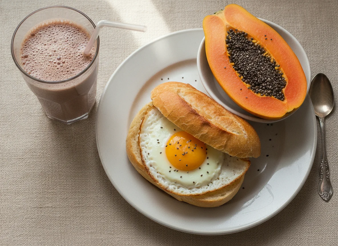 Café da manhã brasileiro com pão com ovo, mamão com chia e achocolatado photo
