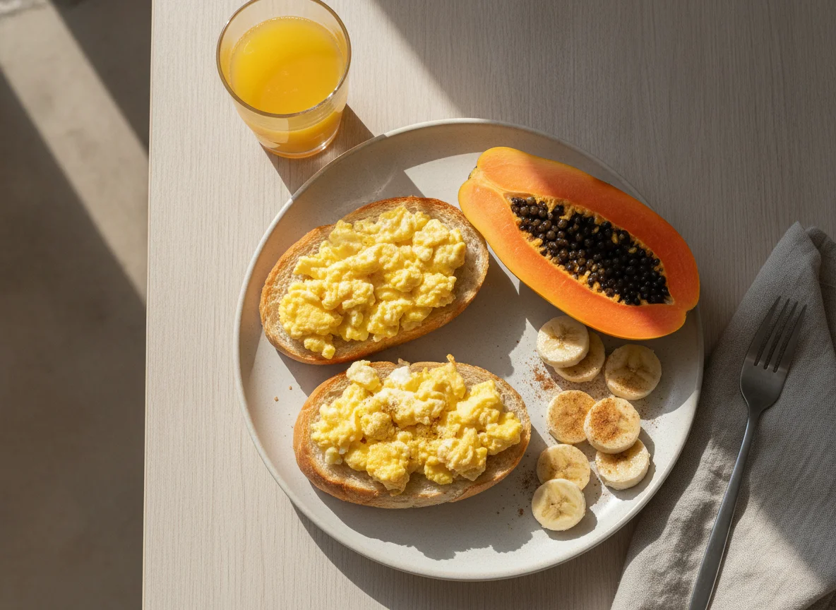Café da manhã brasileiro com pão com ovo, mamão e banana photo