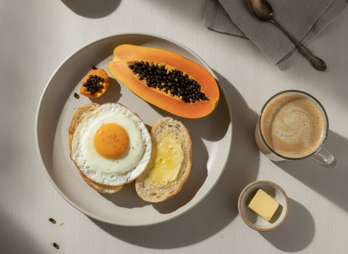 Café da manhã brasileiro com pão com ovo, mamão e café com leite photo