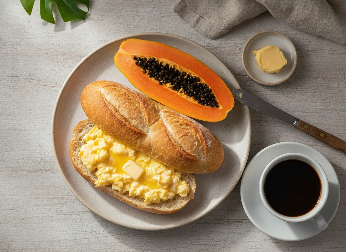 Café da manhã brasileiro com pão com ovo, mamão e café photo