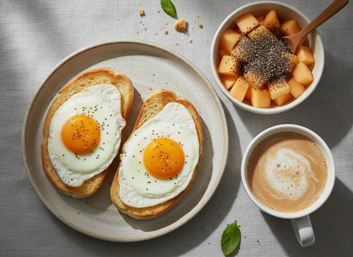 Café da manhã brasileiro com pão com ovo, melão com chia e café com leite photo