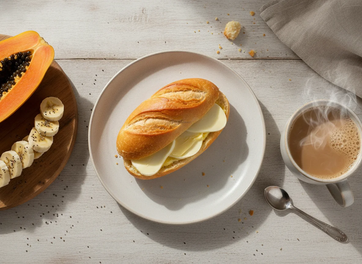 Café da manhã brasileiro com pão com queijo, frutas e café com leite photo