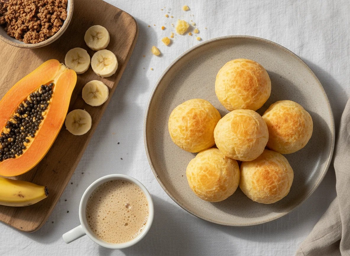 Café da manhã brasileiro com pão de queijo e frutas photo