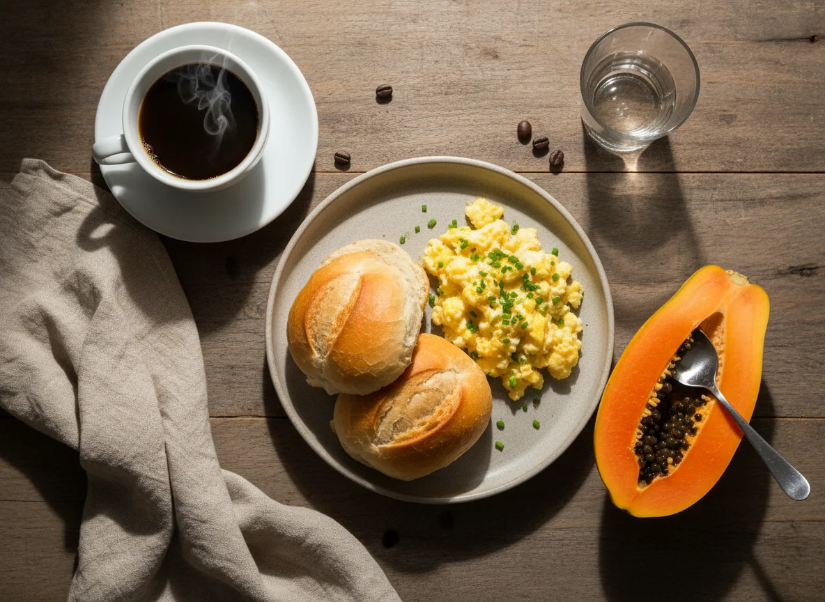 Café da manhã brasileiro com pão e mamão photo