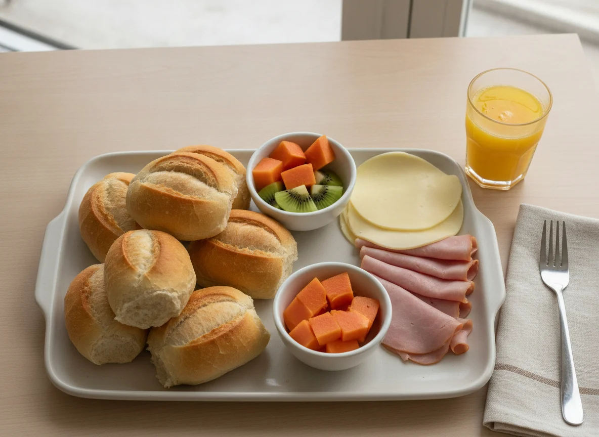Café da manhã brasileiro com pão francês, frutas, queijo e presunto photo