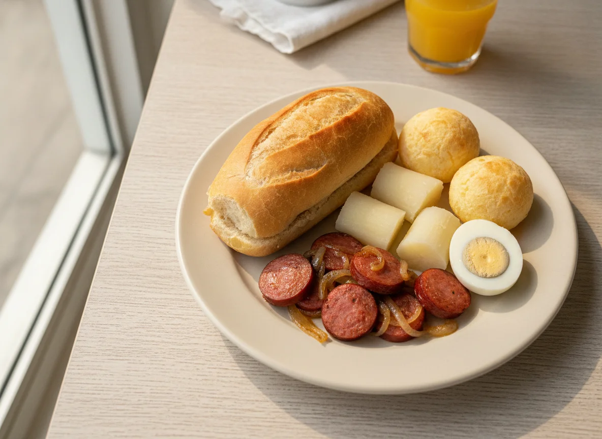 Café da manhã brasileiro com pão francês, linguiça, ovo e pão de queijo photo