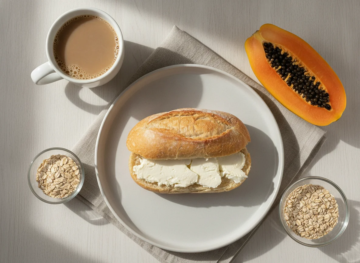 Café da manhã brasileiro com pão francês, mamão e café com leite photo