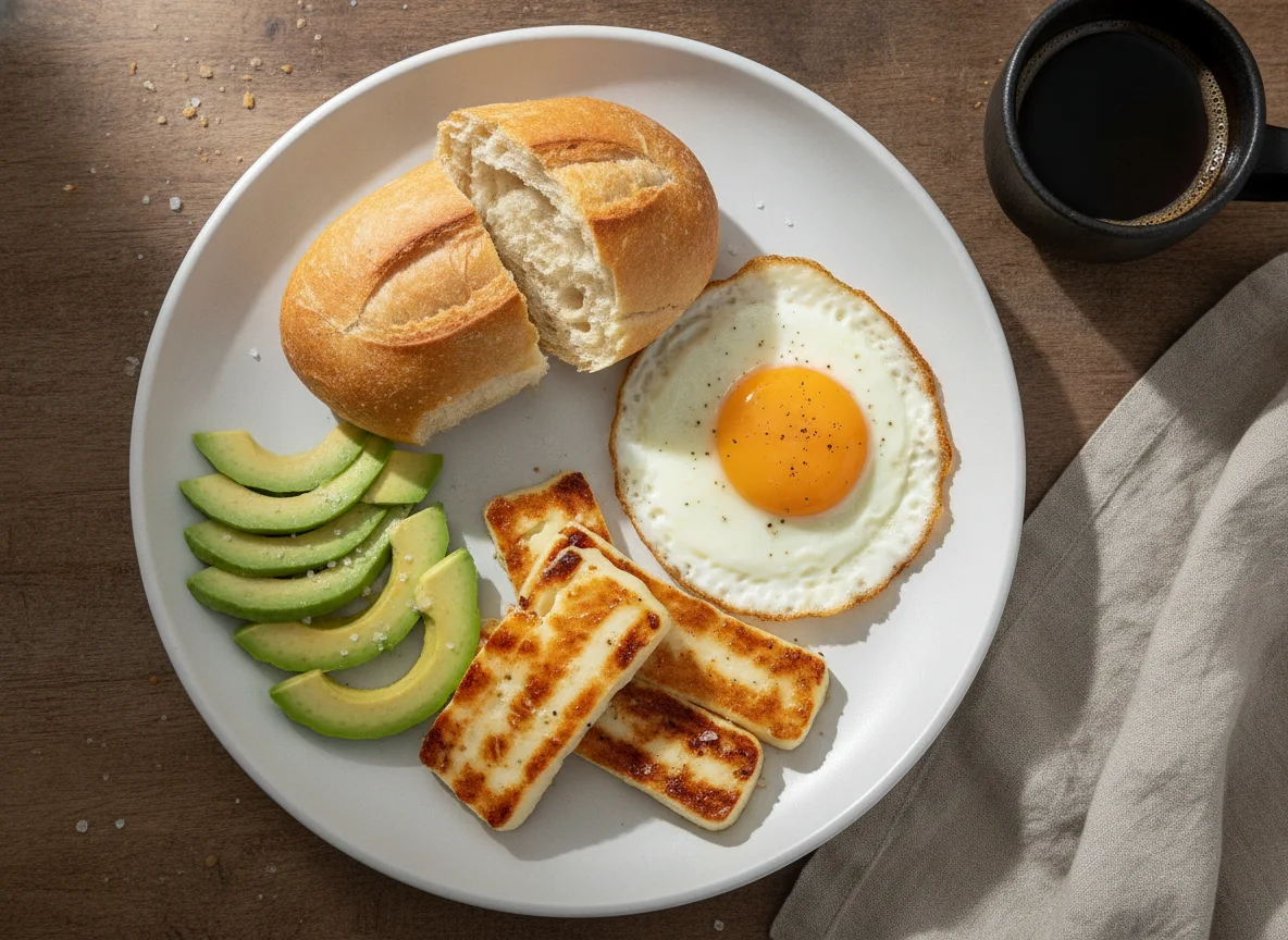 Café da manhã brasileiro com pão francês, ovo, queijo coalho e abacate photo