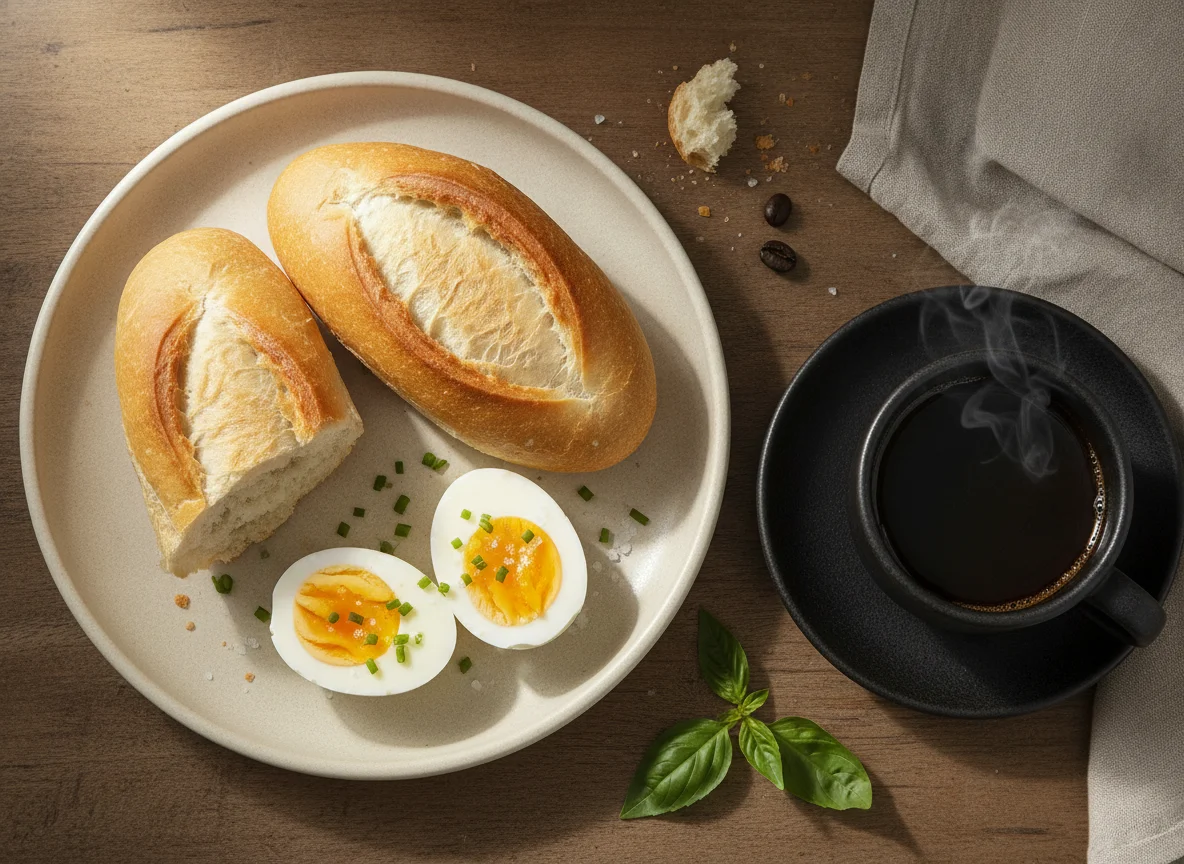 Café da manhã brasileiro com pão francês, ovos e café photo