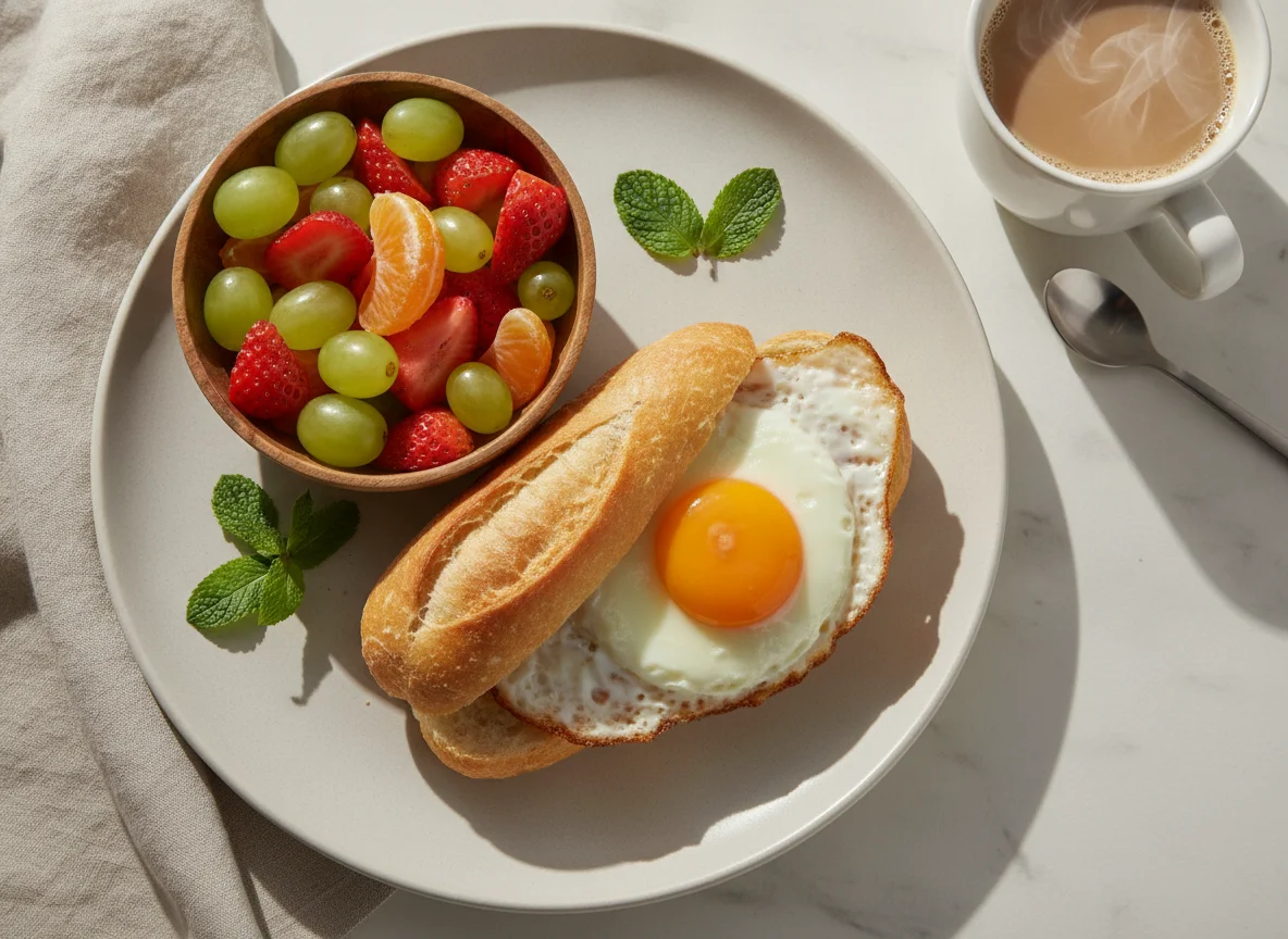 Café da manhã brasileiro com pão francês, ovos fritos e salada de frutas photo