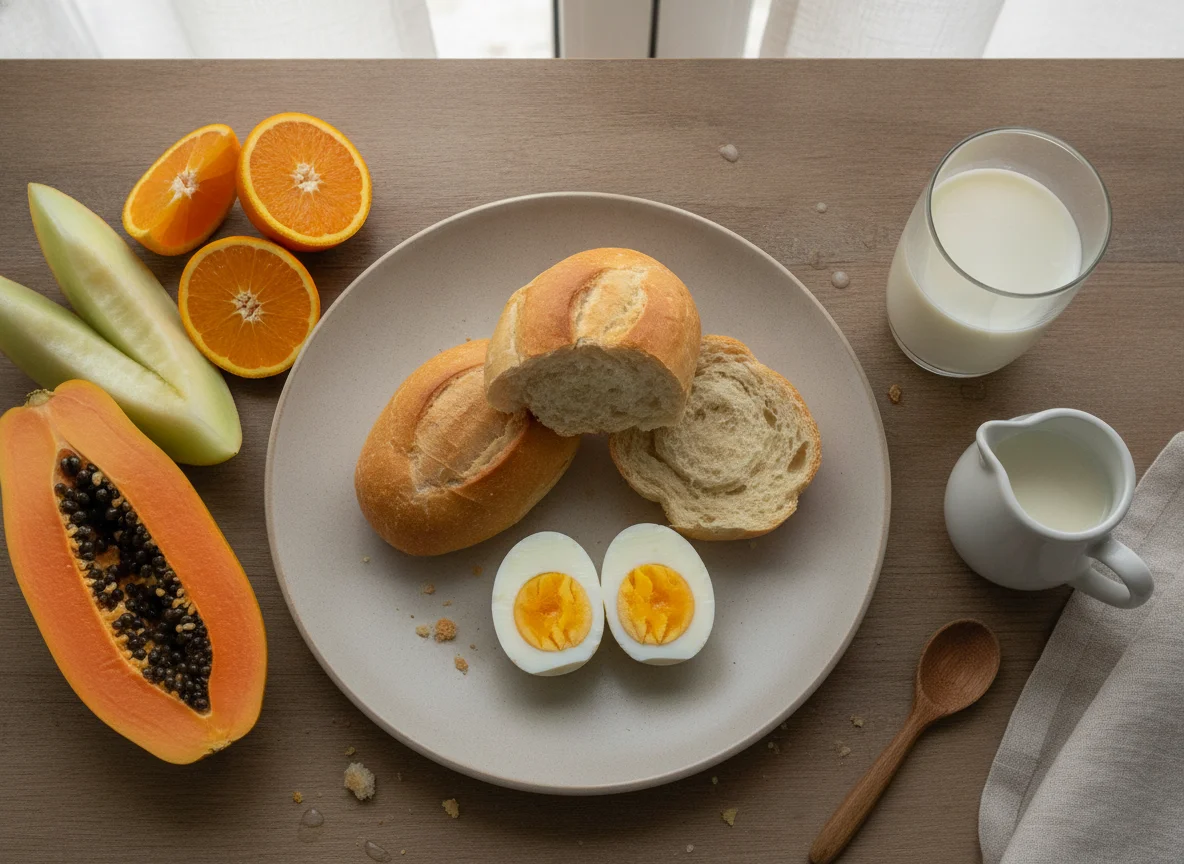 Café da manhã brasileiro com pão francês, ovos, frutas e leite photo