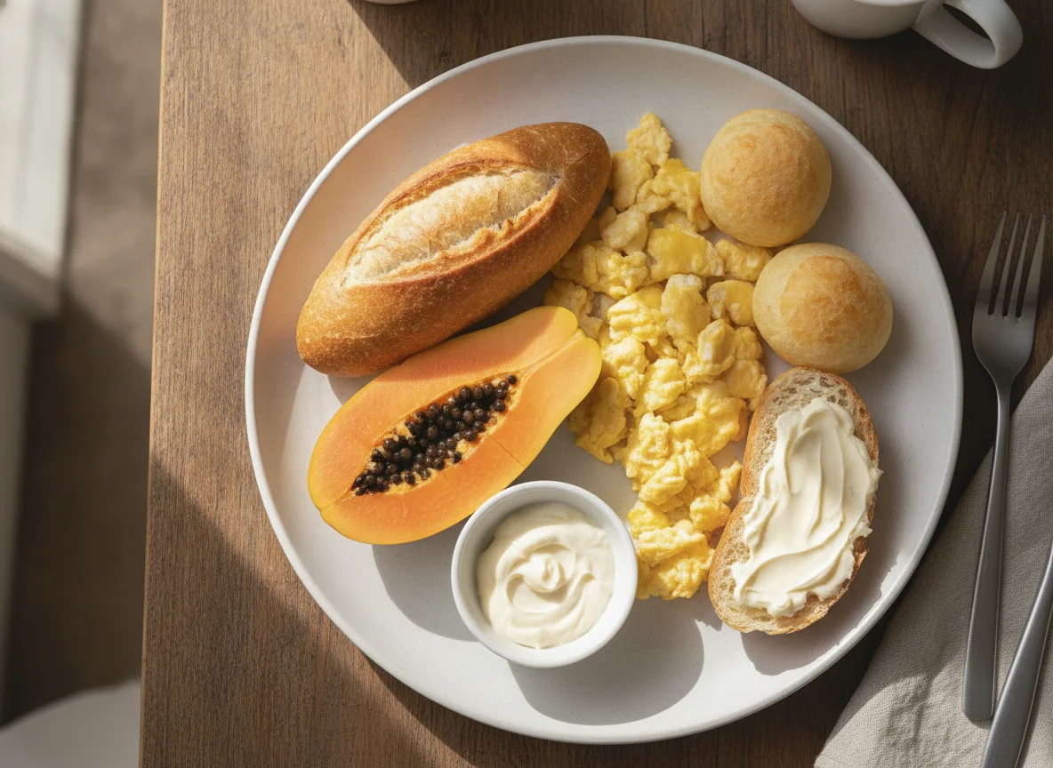 Café da manhã brasileiro com pão francês, ovos, pão de queijo e mamão photo