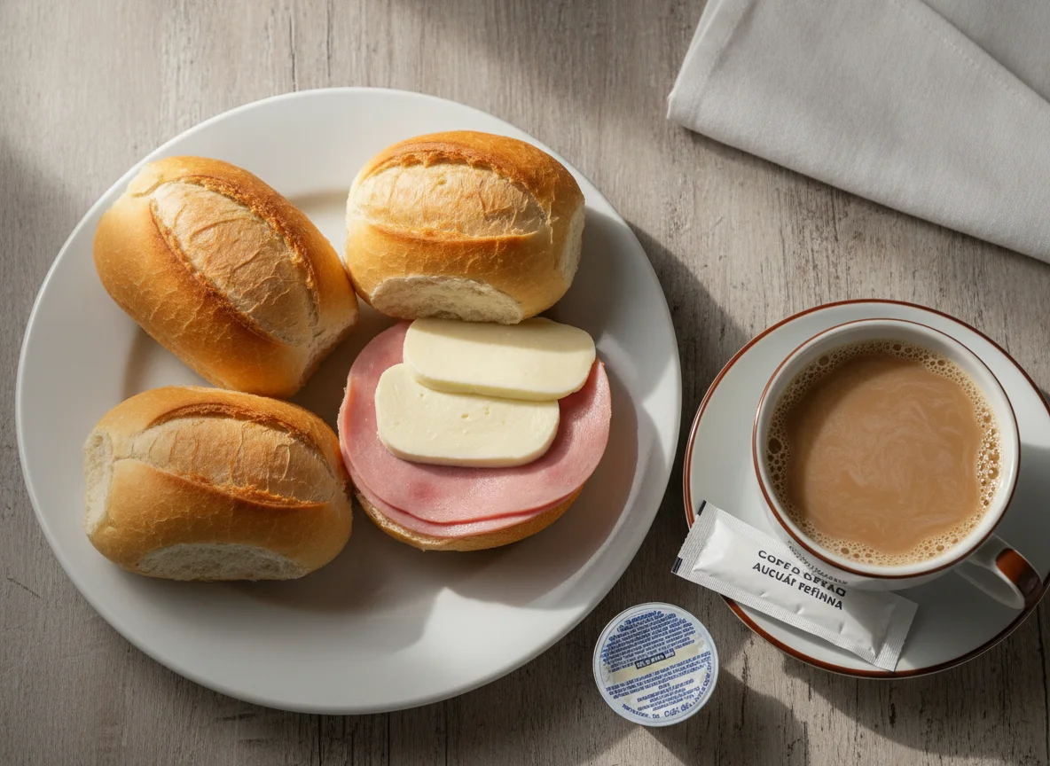 Café da manhã brasileiro com pão francês, presunto, queijo e café com leite photo