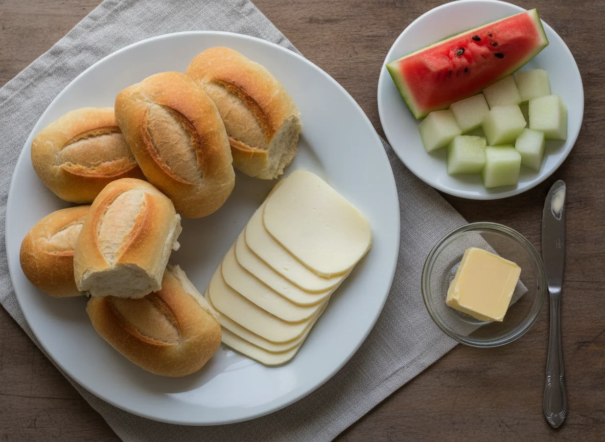 Café da manhã brasileiro com pão francês, queijo e frutas photo