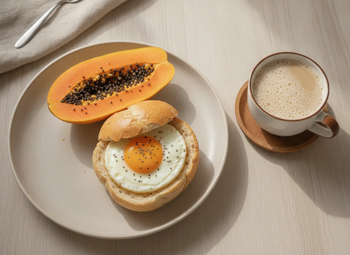 Café da manhã brasileiro com pão francês sem miolo, ovo e mamão photo