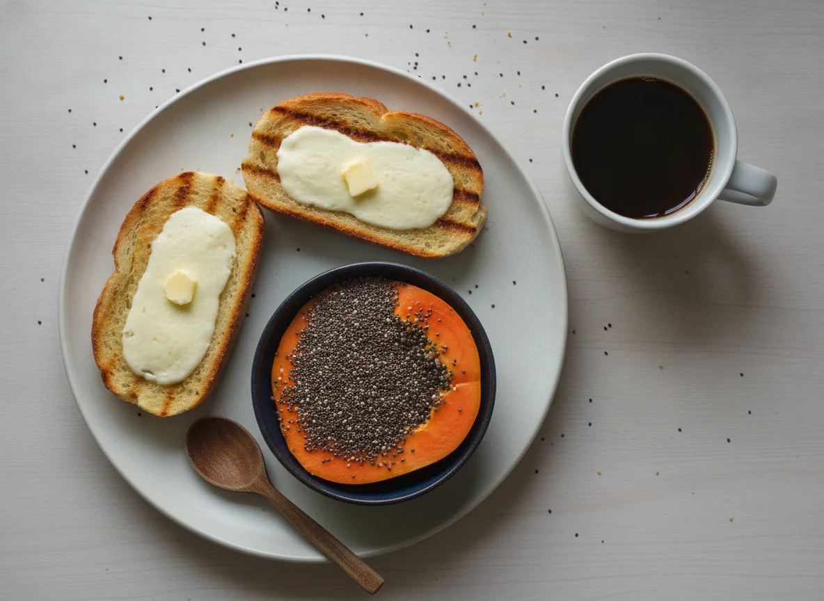 Café da manhã brasileiro com pão na chapa, mamão com chia e café photo
