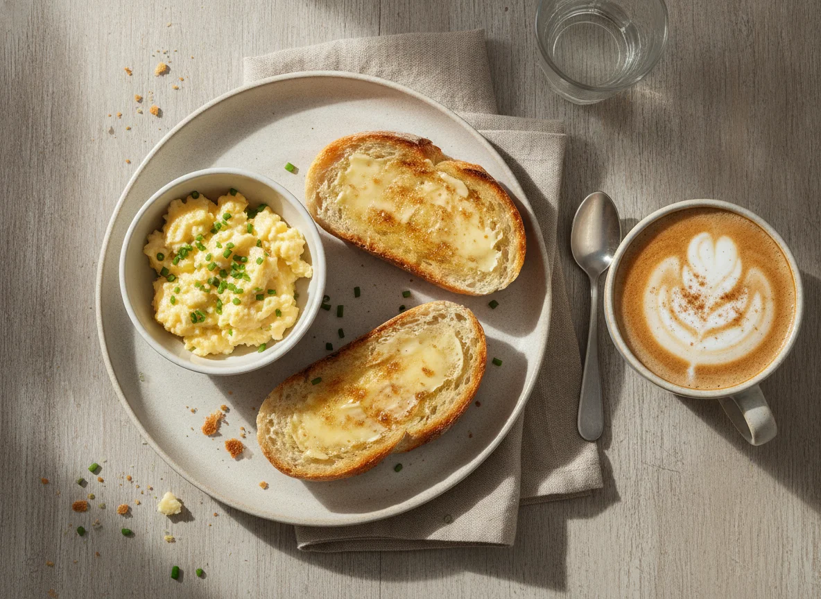 Café da manhã brasileiro com pão na chapa, ovos mexidos e cappuccino photo
