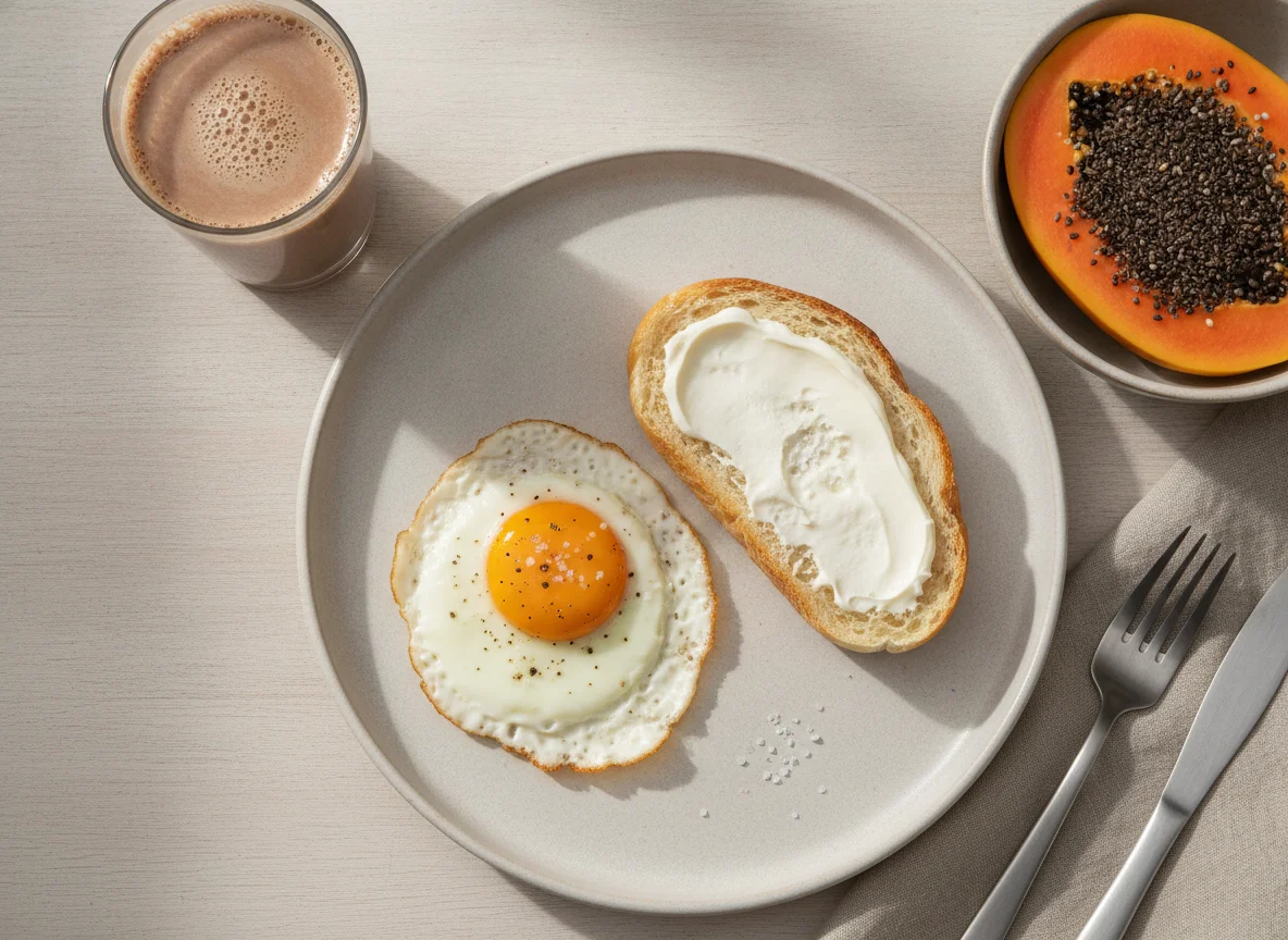Café da manhã brasileiro com pão, ovo, mamão e bebida láctea photo
