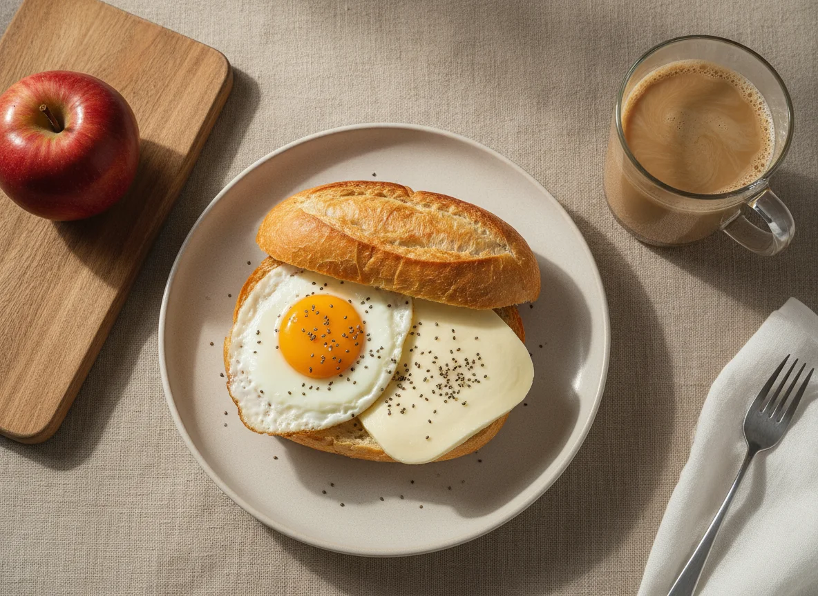 Café da manhã brasileiro com pão, ovo, queijo, frutas e café com leite photo