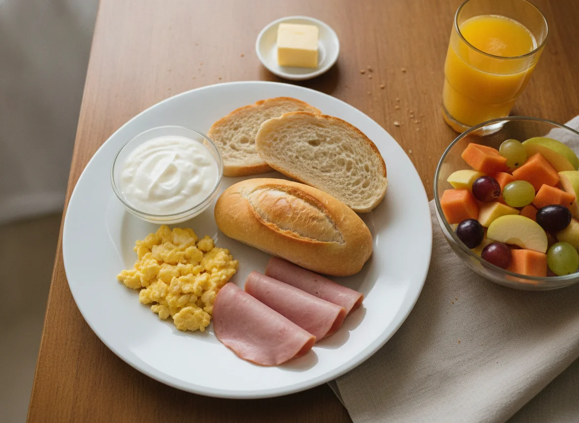 Café da manhã brasileiro com pão, ovos, presunto e salada de frutas photo