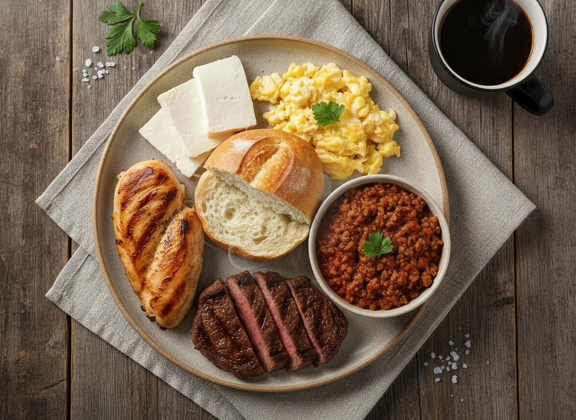 Café da manhã brasileiro com proteínas e pão photo