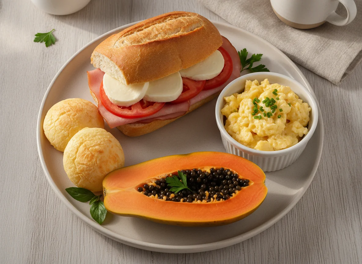 Café da manhã brasileiro com sanduíche, ovos mexidos, pão de queijo e mamão photo