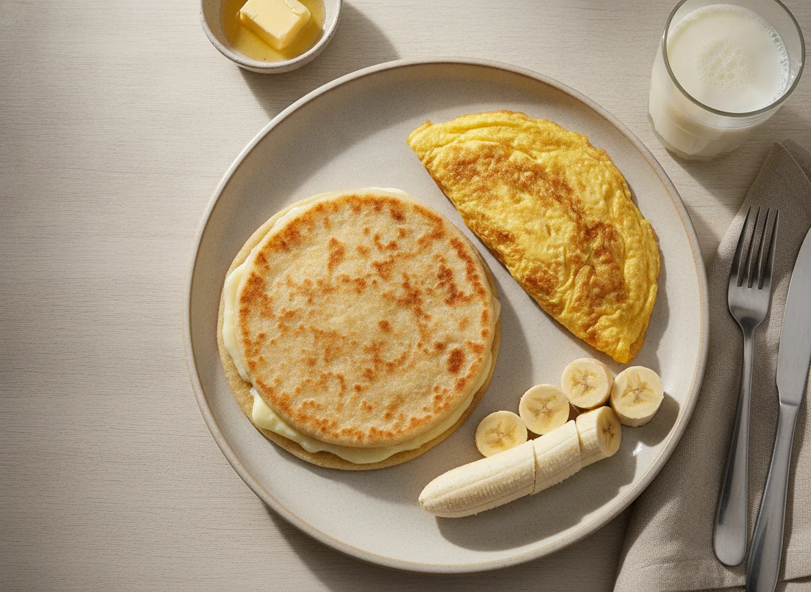 Café da manhã brasileiro com tapioca, omelete, banana e leite photo