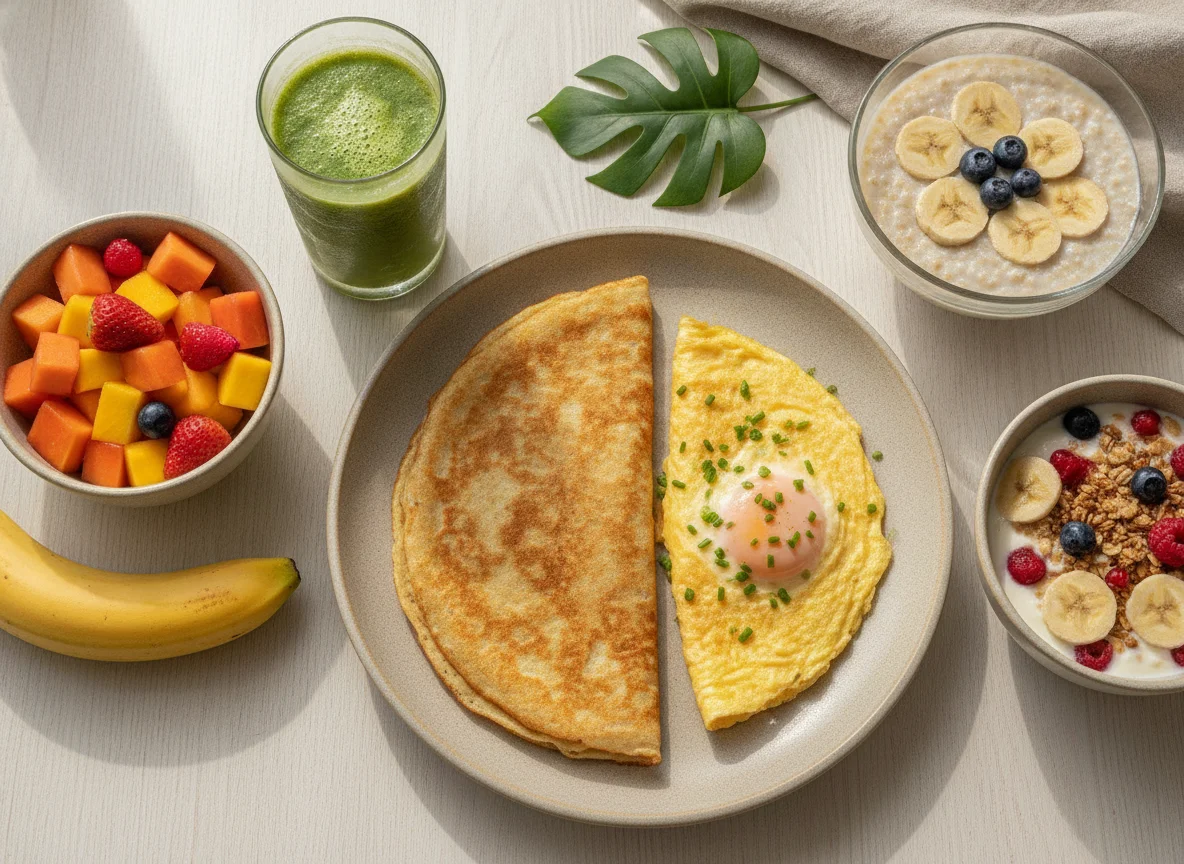 Café da manhã brasileiro com tapioca, omelete e frutas photo