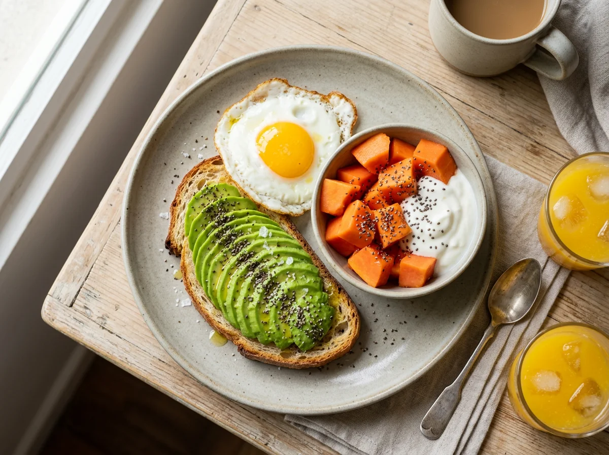 Café da manhã com abacate, ovo e mamão photo