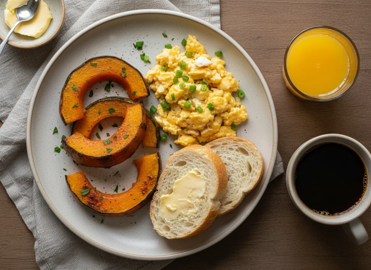 Café da manhã com abóbora, ovos mexidos e pão photo