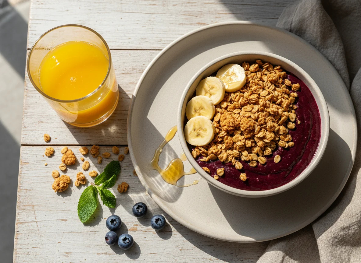 Café da manhã com açaí e suco de laranja photo