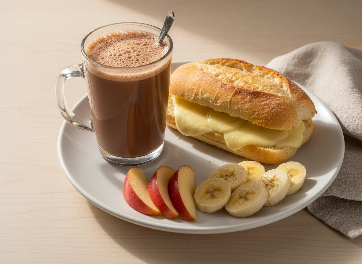 Café da manhã com achocolatado, pão com queijo e frutas photo