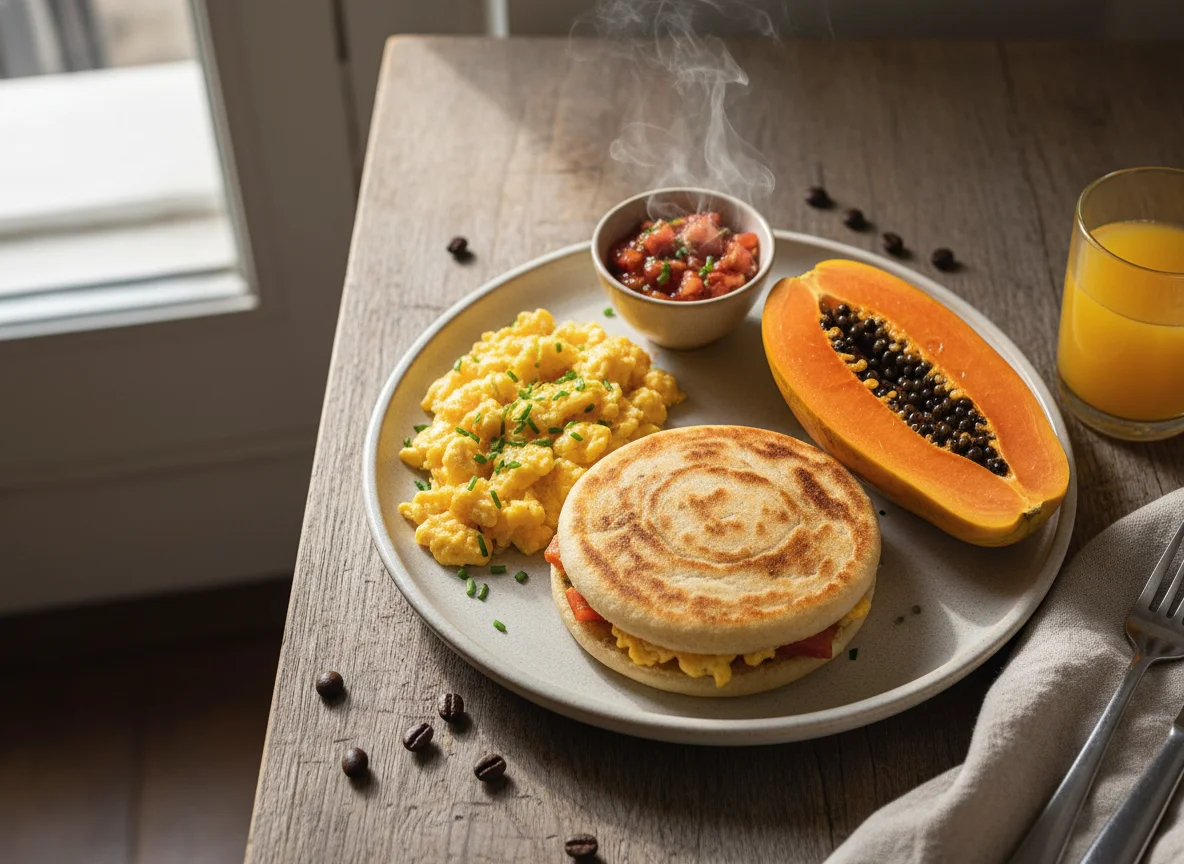 Café da manhã com arepa, ovos mexidos e mamão photo