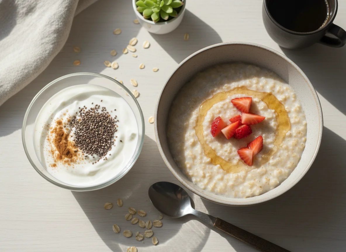 Café da manhã com aveia e iogurte com chia photo
