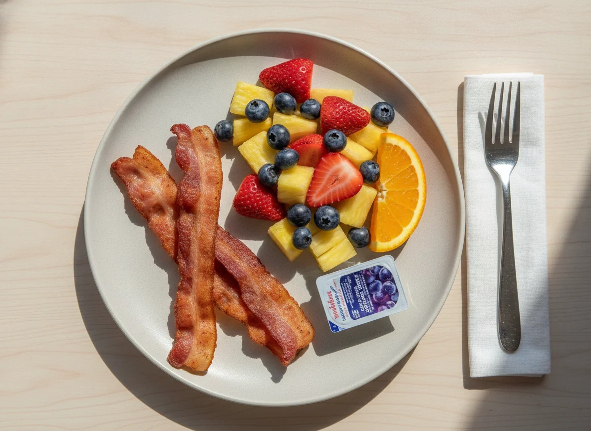 Café da manhã com bacon e salada de frutas photo