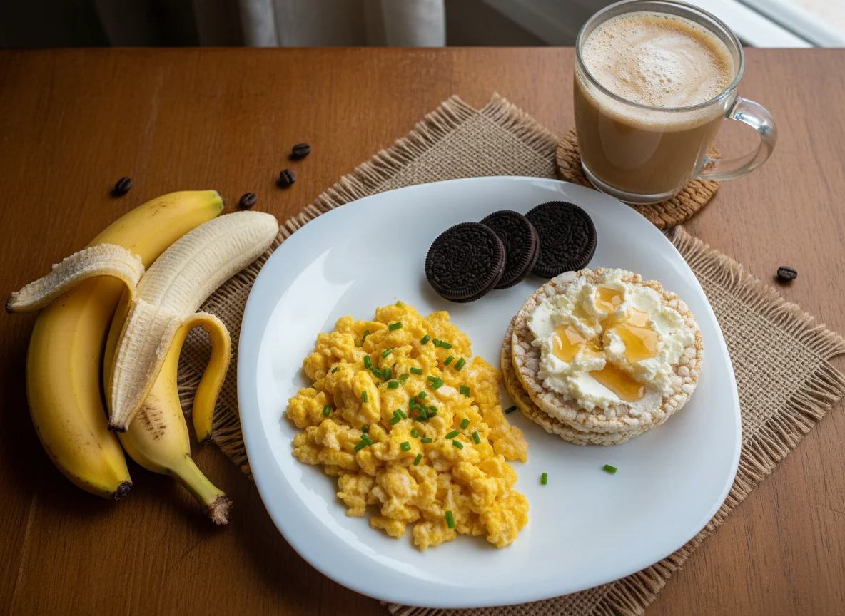 Café da manhã com banana, biscoitos e torradas de arroz com ovos mexidos photo