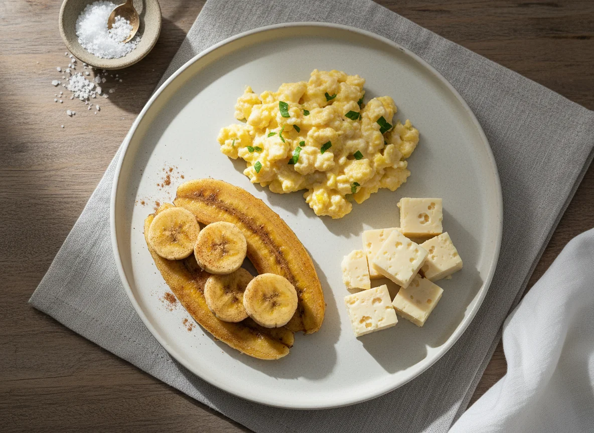 Café da manhã com banana cozida, ovos mexidos e queijo photo
