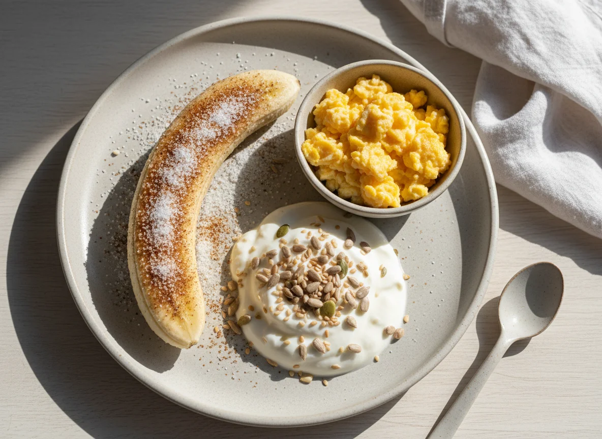 Café da manhã com banana e iogurte photo