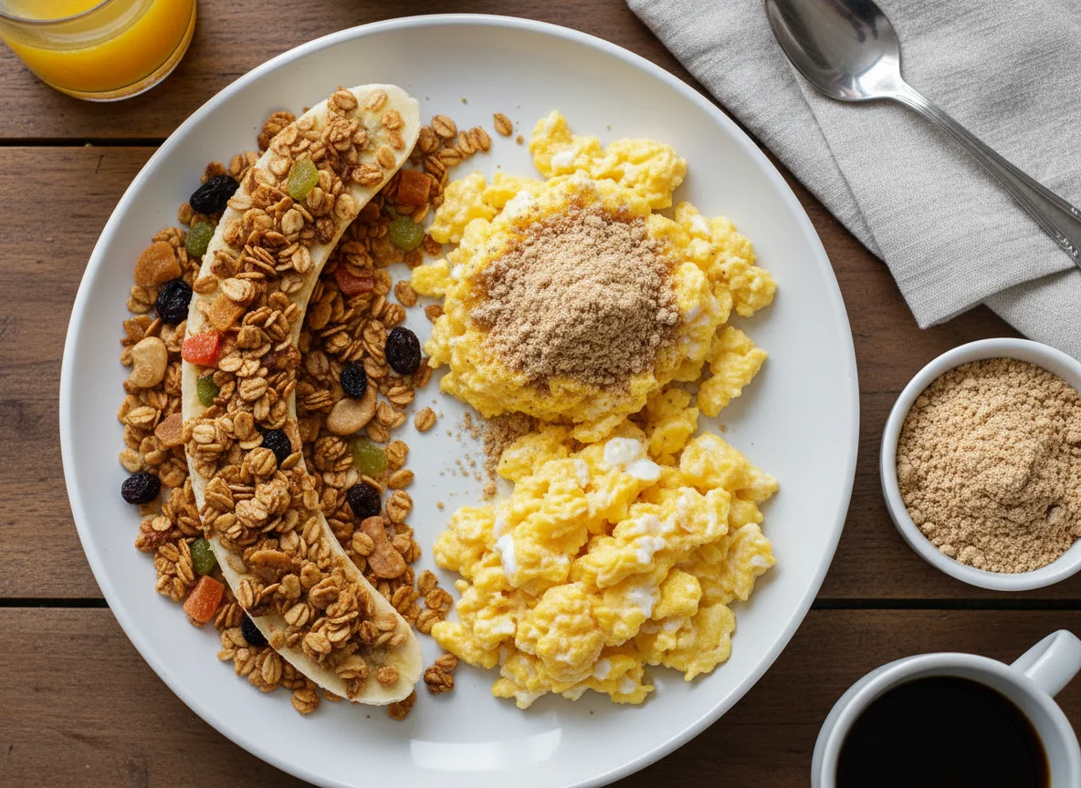 Café da manhã com banana, granola e ovos mexidos photo