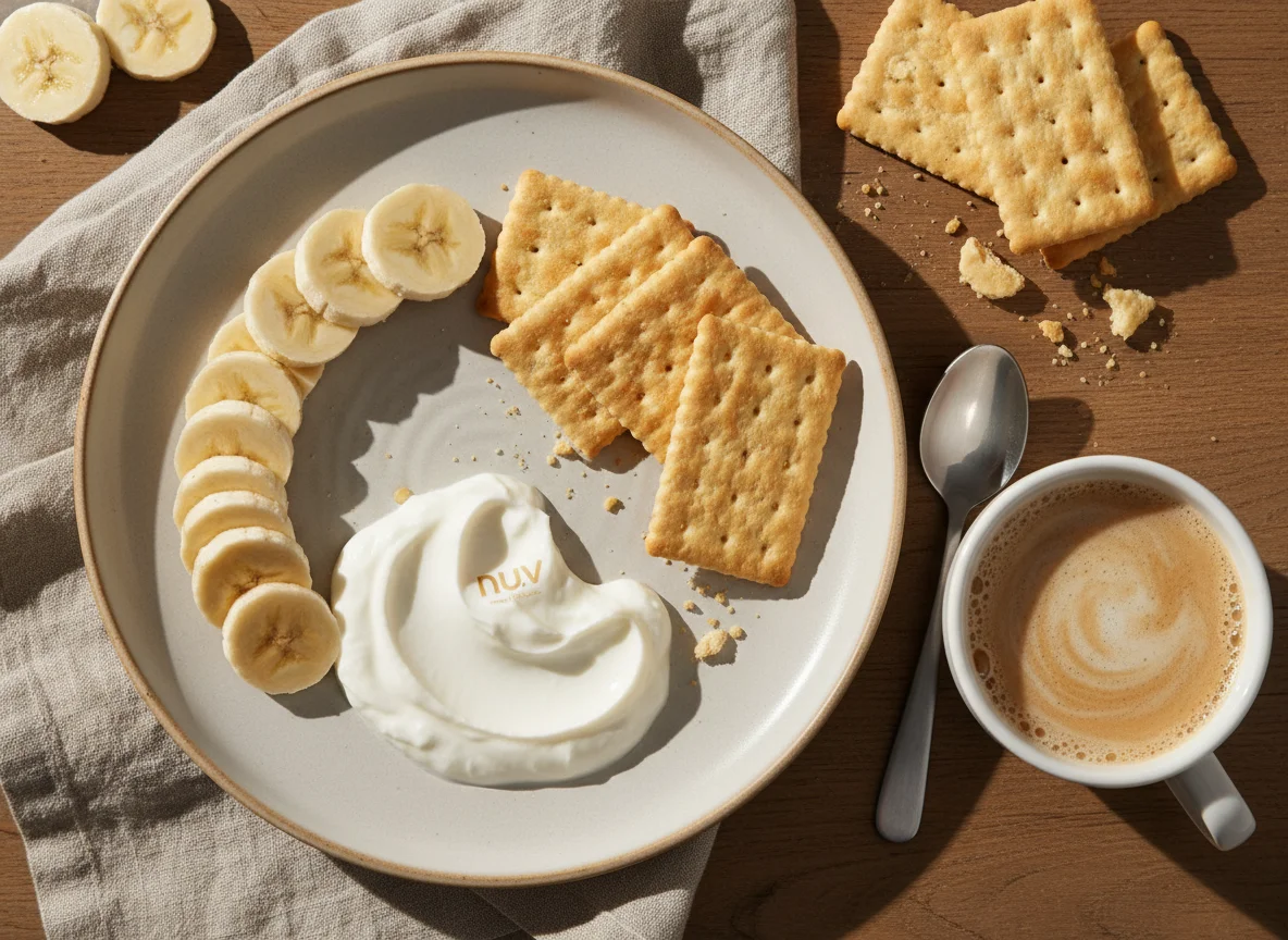 Café da manhã com banana, iogurte e biscoitos photo