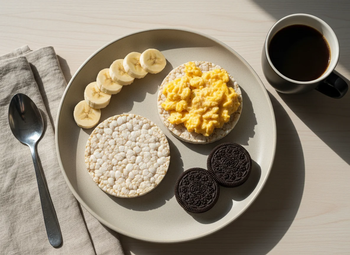 Café da manhã com banana, ovos mexidos em bolacha de arroz, biscoitos e café photo