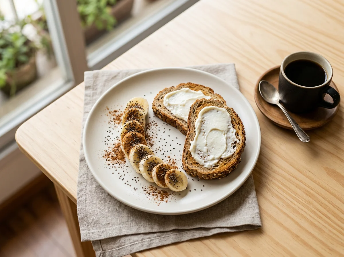 Café da manhã com banana, pão e café photo