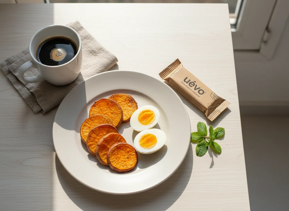 Café da manhã com batata doce, ovo e café photo