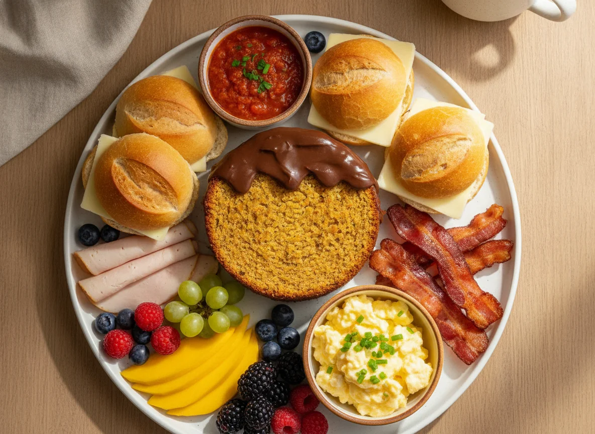 Café da manhã com bolo de cenoura e mini pão francês photo