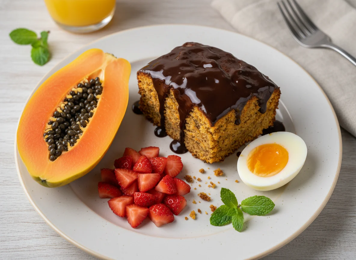 Café da manhã com bolo de cenoura, mamão e ovo cozido photo