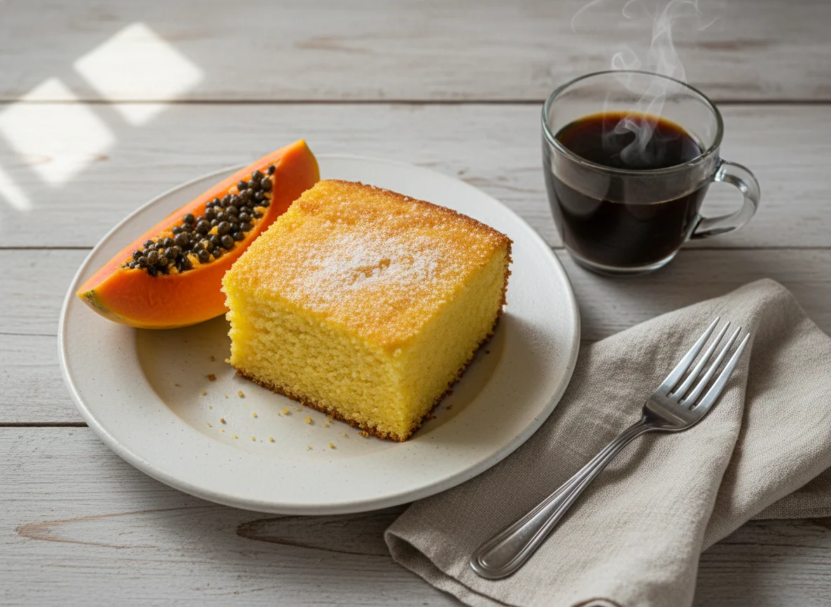 Café da manhã com bolo de fubá e mamão photo